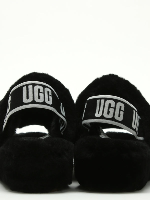 Fluff Yeah Logo Black Sheepskin Sliders