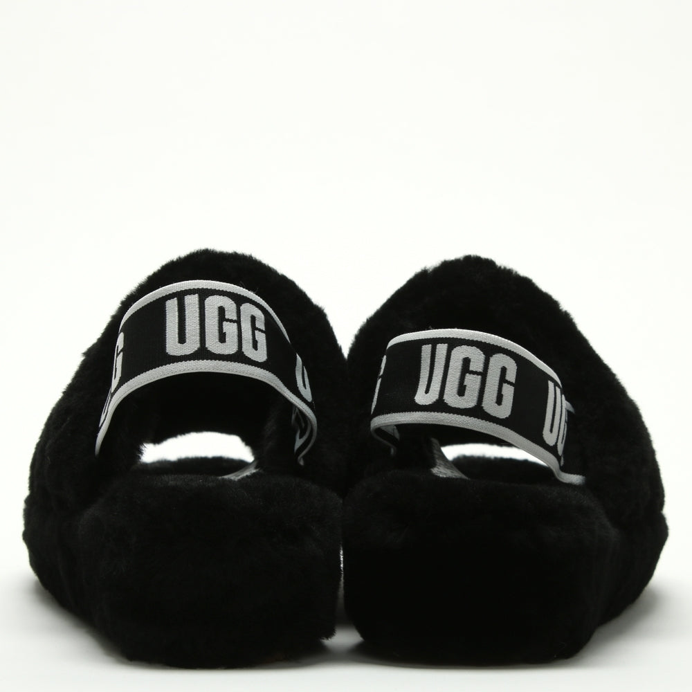 Fluff Yeah Logo Black Sheepskin Sliders