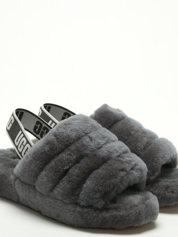 Fluff Yeah Logo Charcoal Sheepskin Sliders