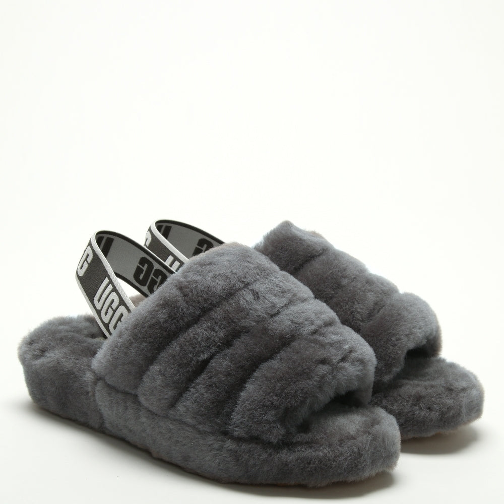 Fluff Yeah Logo Charcoal Sheepskin Sliders