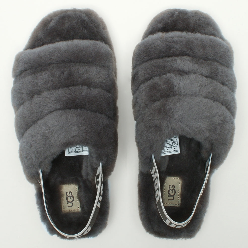 Fluff Yeah Logo Charcoal Sheepskin Sliders