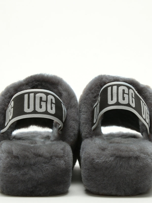 Fluff Yeah Logo Charcoal Sheepskin Sliders