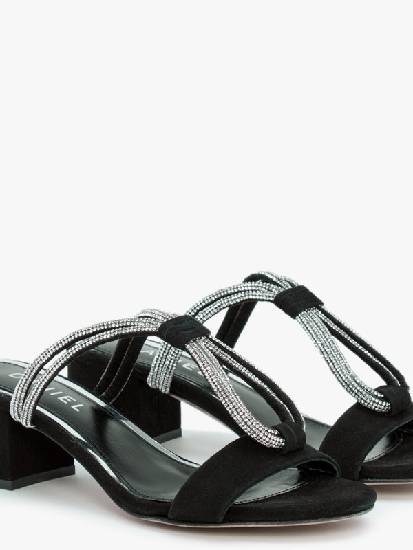 Pia Black Suede Diamante Twist Heeled Mules