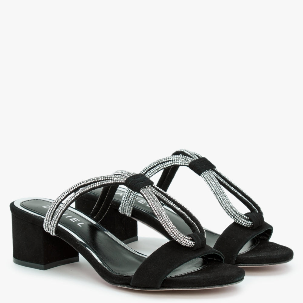 Pia Black Suede Diamante Twist Heeled Mules