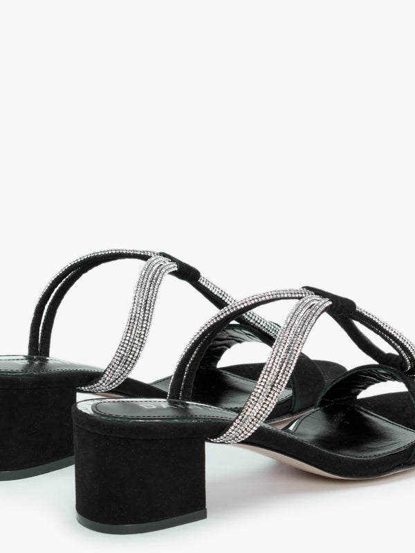 Pia Black Suede Diamante Twist Heeled Mules