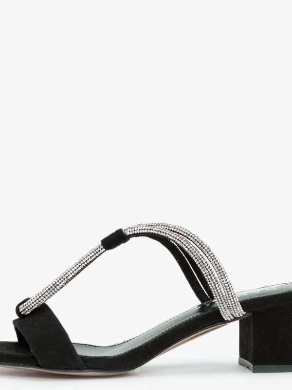 Pia Black Suede Diamante Twist Heeled Mules