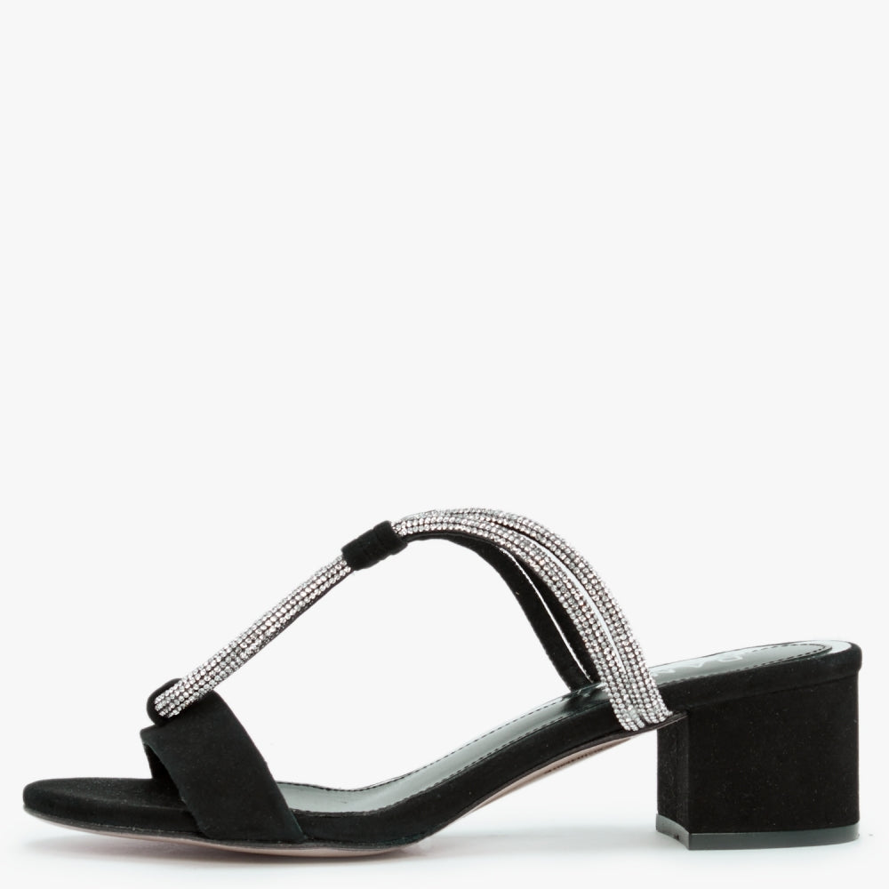 Pia Black Suede Diamante Twist Heeled Mules