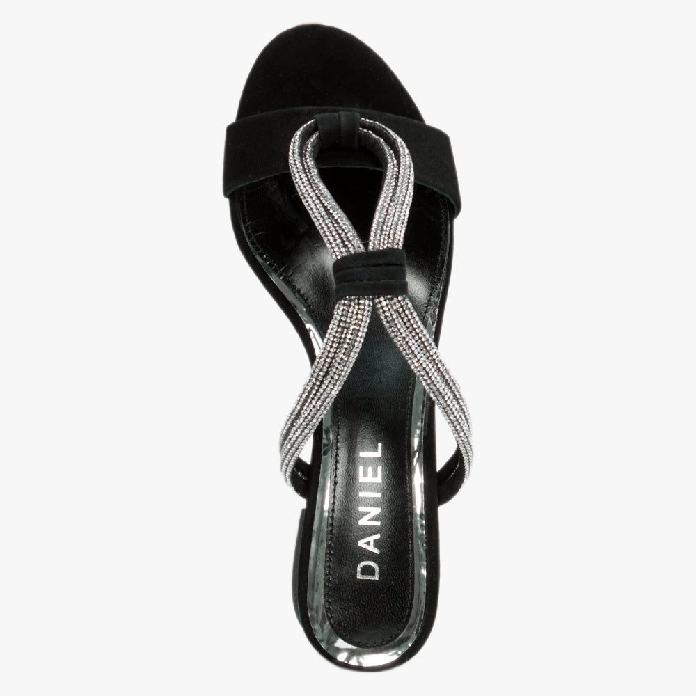 Pia Black Suede Diamante Twist Heeled Mules