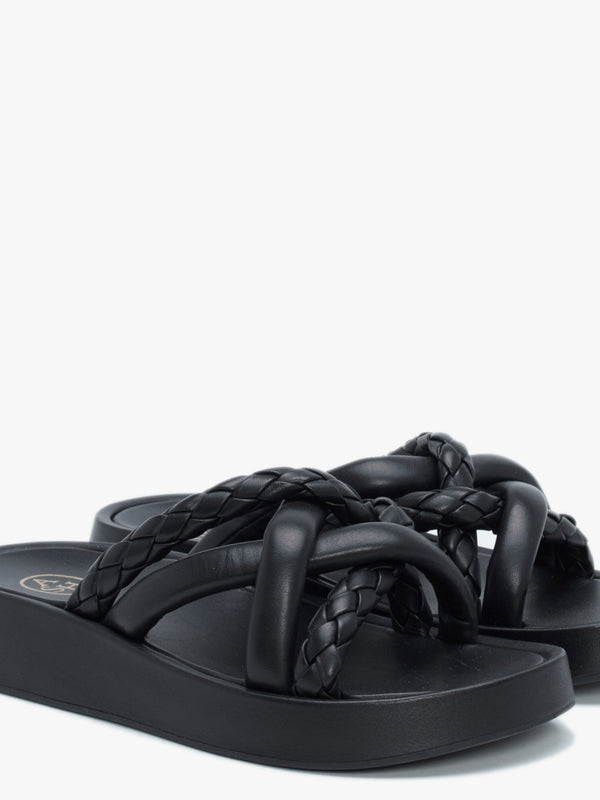 Vanessa Bis Black Leather Woven Strap Mules