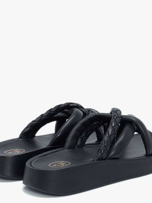 Vanessa Bis Black Leather Woven Strap Mules