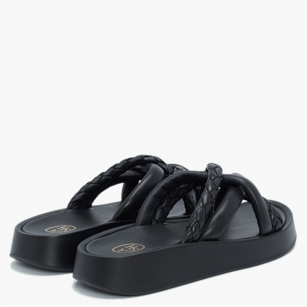Vanessa Bis Black Leather Woven Strap Mules