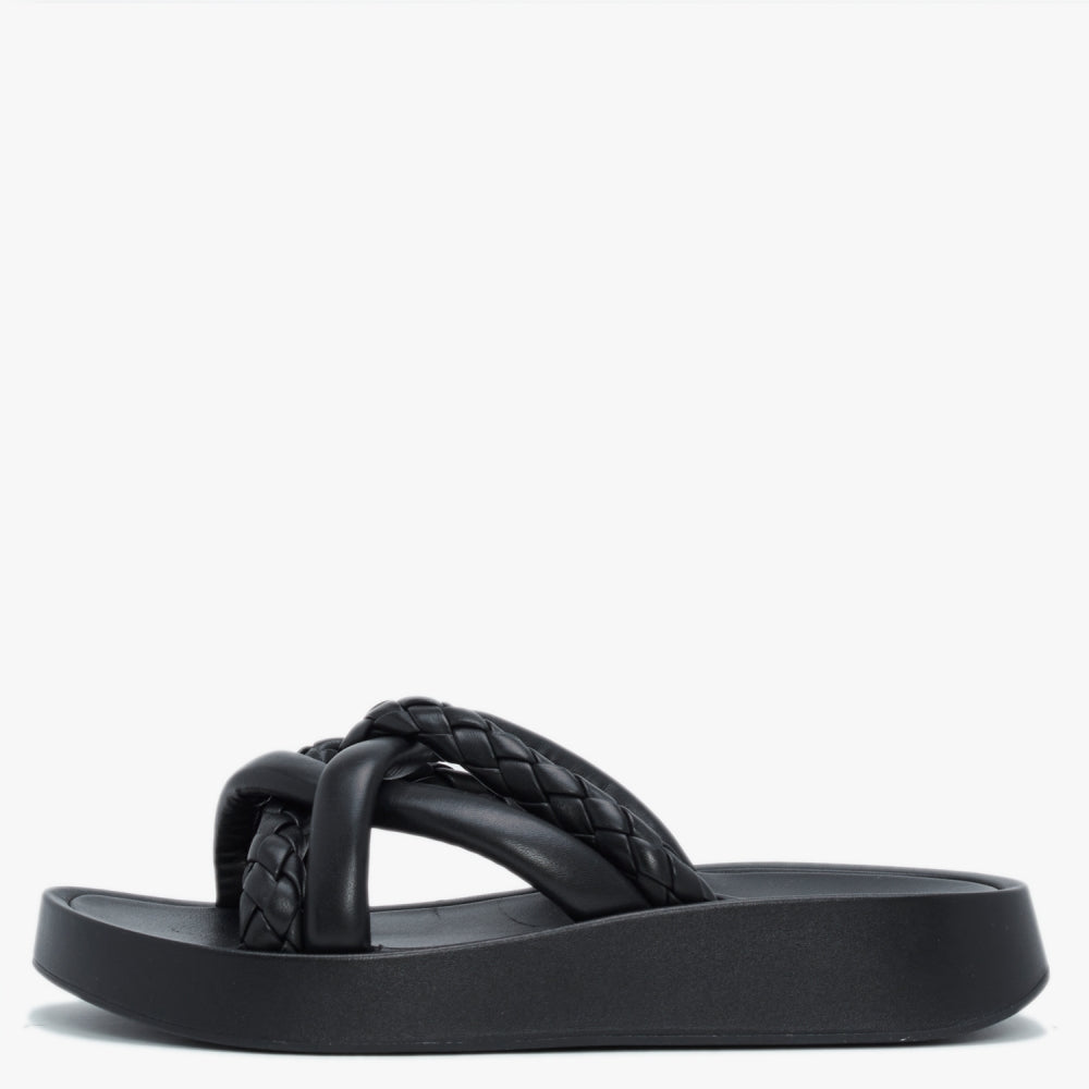 Vanessa Bis Black Leather Woven Strap Mules