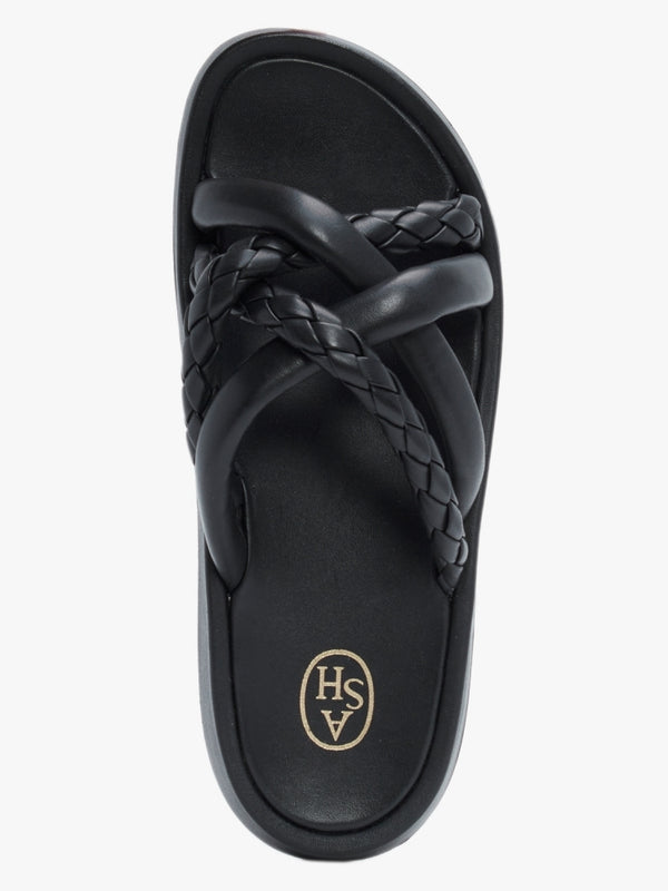 Vanessa Bis Black Leather Woven Strap Mules