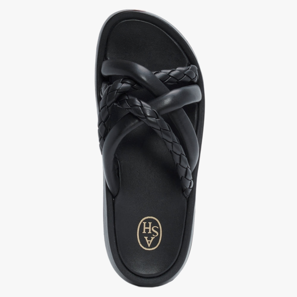 Vanessa Bis Black Leather Woven Strap Mules