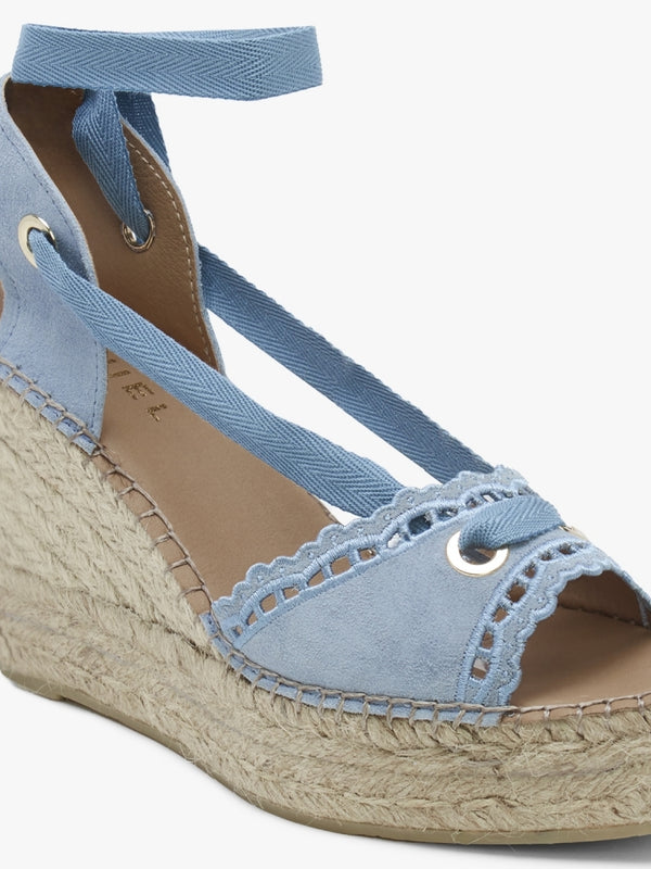 Ilazer Blue Suede Laser Cut Edge Ankle Tie Wedge Espadrilles