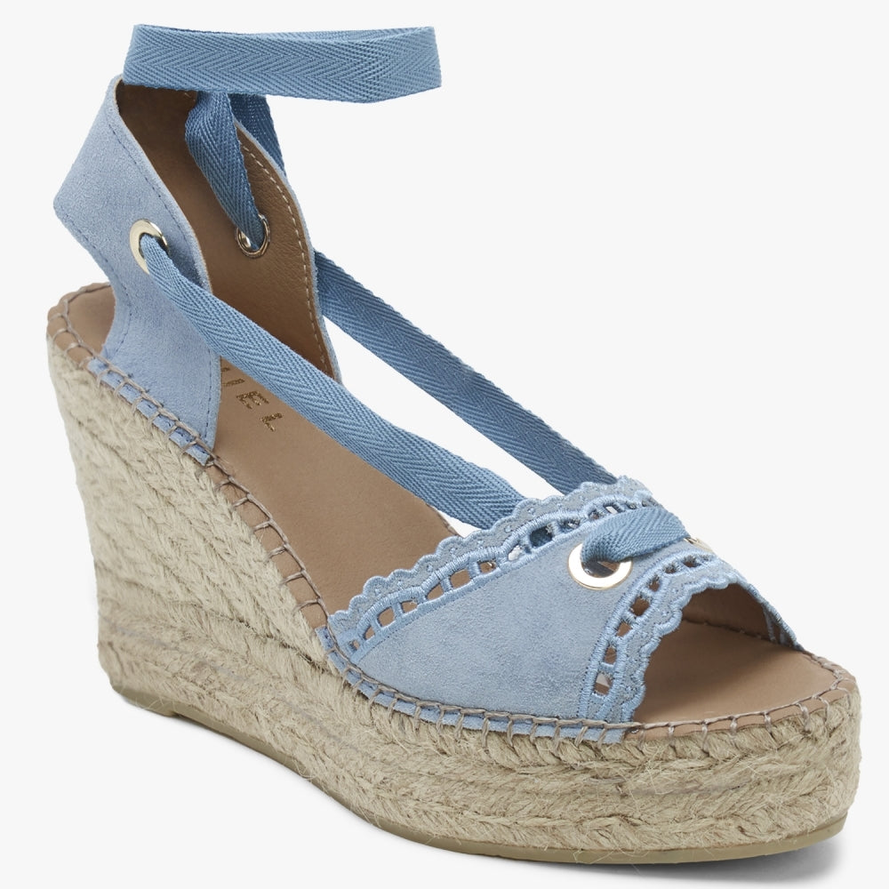 Ilazer Blue Suede Laser Cut Edge Ankle Tie Wedge Espadrilles