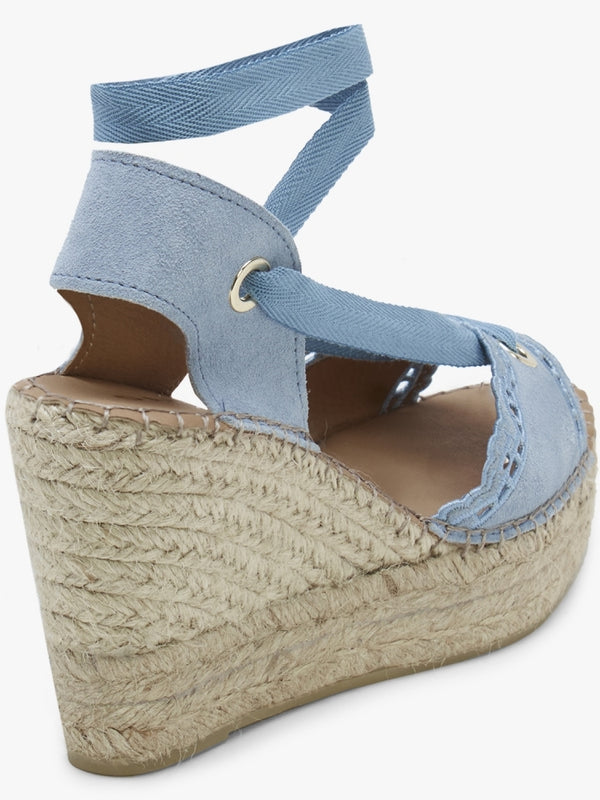 Ilazer Blue Suede Laser Cut Edge Ankle Tie Wedge Espadrilles