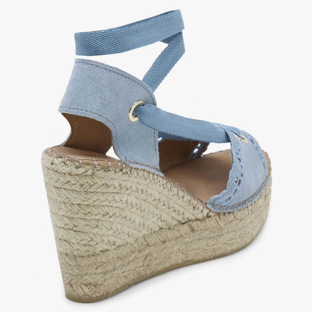 Ilazer Blue Suede Laser Cut Edge Ankle Tie Wedge Espadrilles