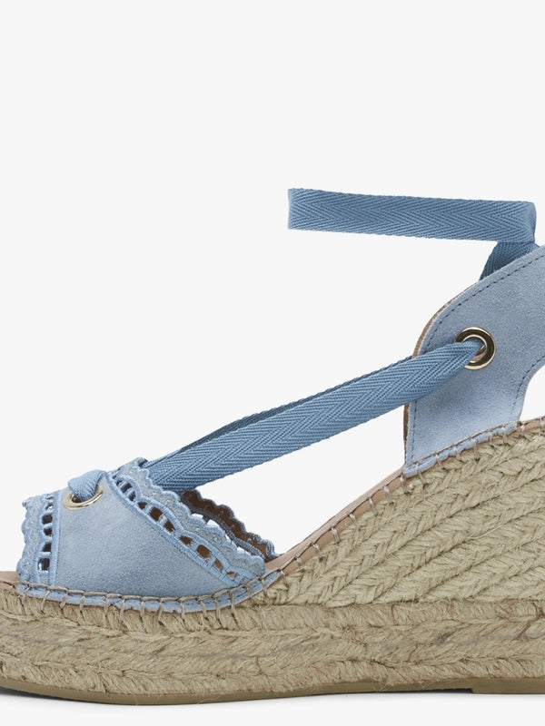 Ilazer Blue Suede Laser Cut Edge Ankle Tie Wedge Espadrilles