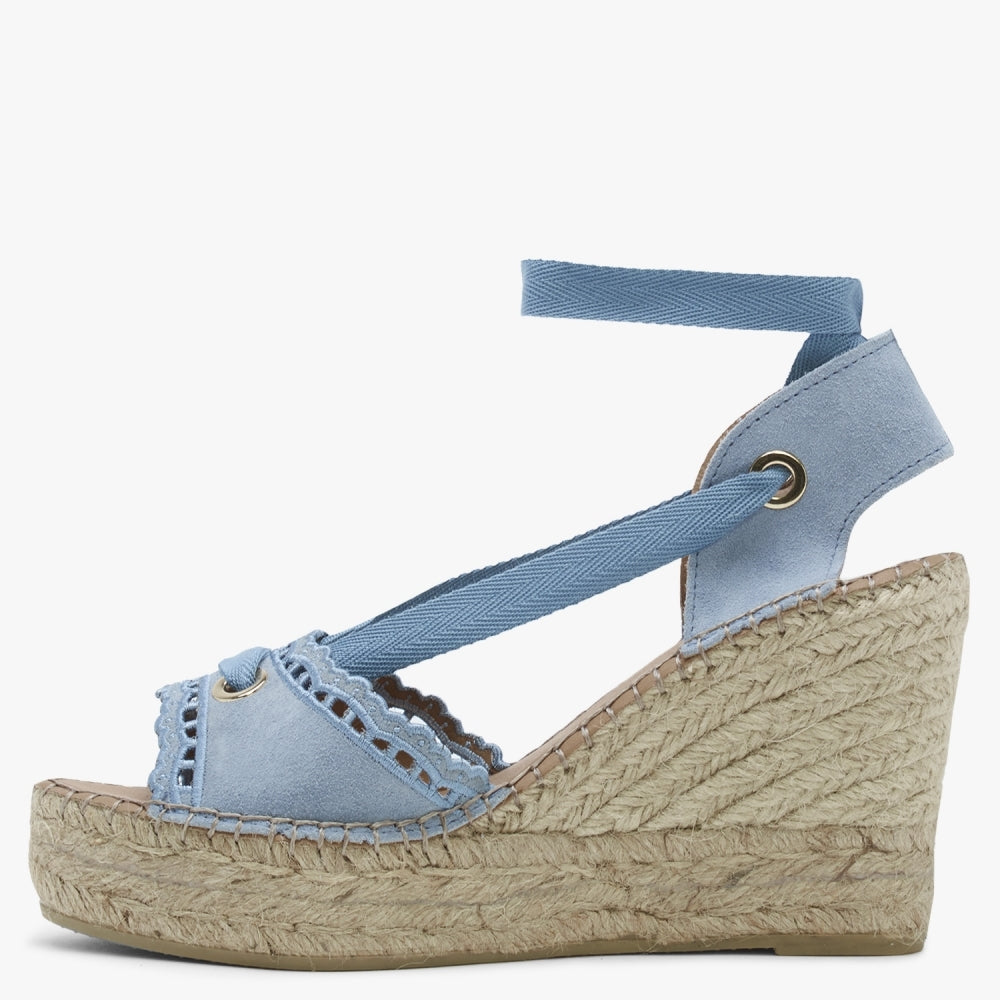 Ilazer Blue Suede Laser Cut Edge Ankle Tie Wedge Espadrilles