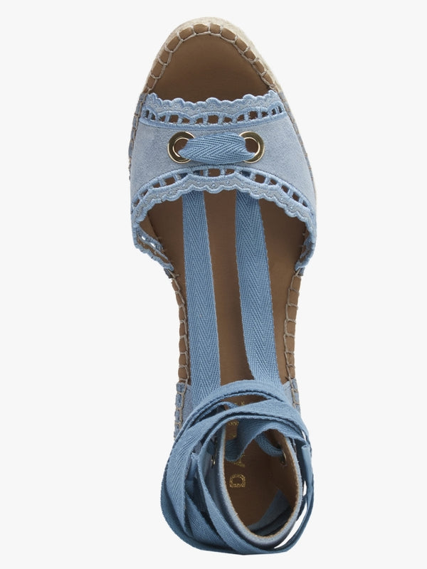 Ilazer Blue Suede Laser Cut Edge Ankle Tie Wedge Espadrilles