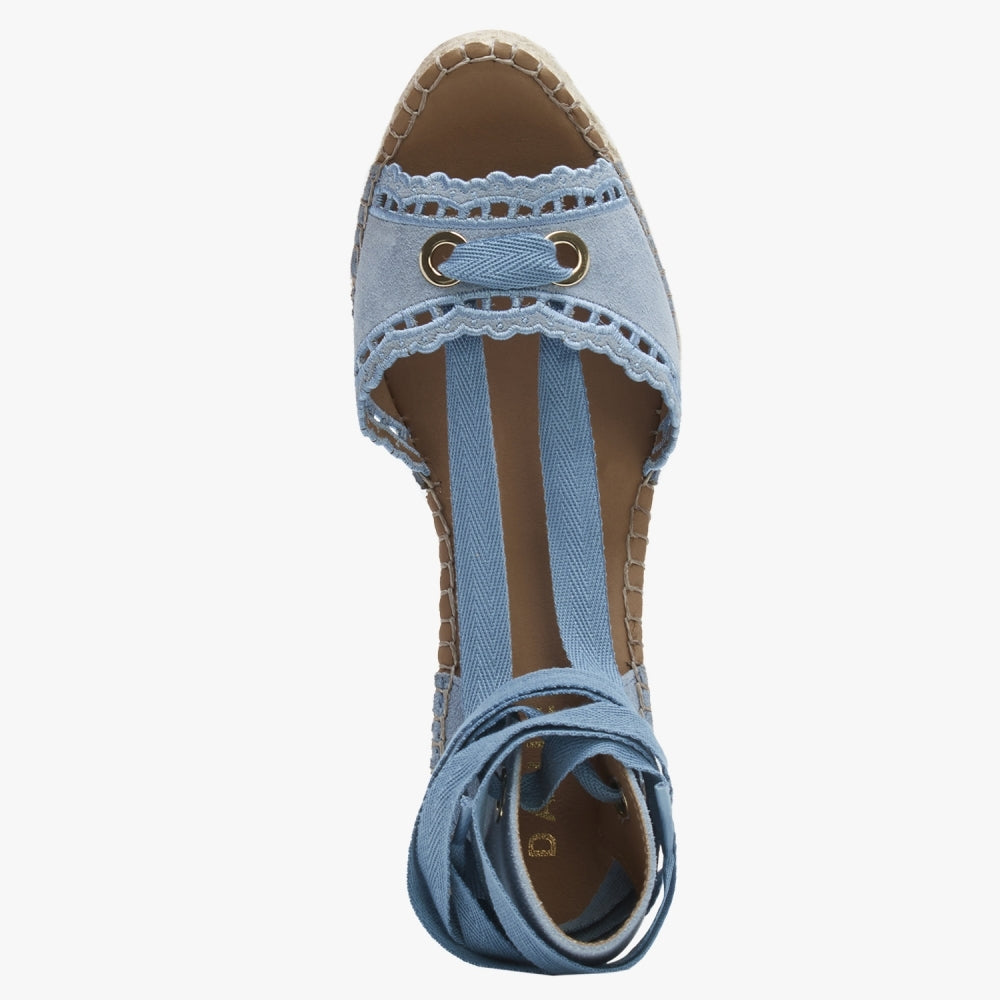 Ilazer Blue Suede Laser Cut Edge Ankle Tie Wedge Espadrilles