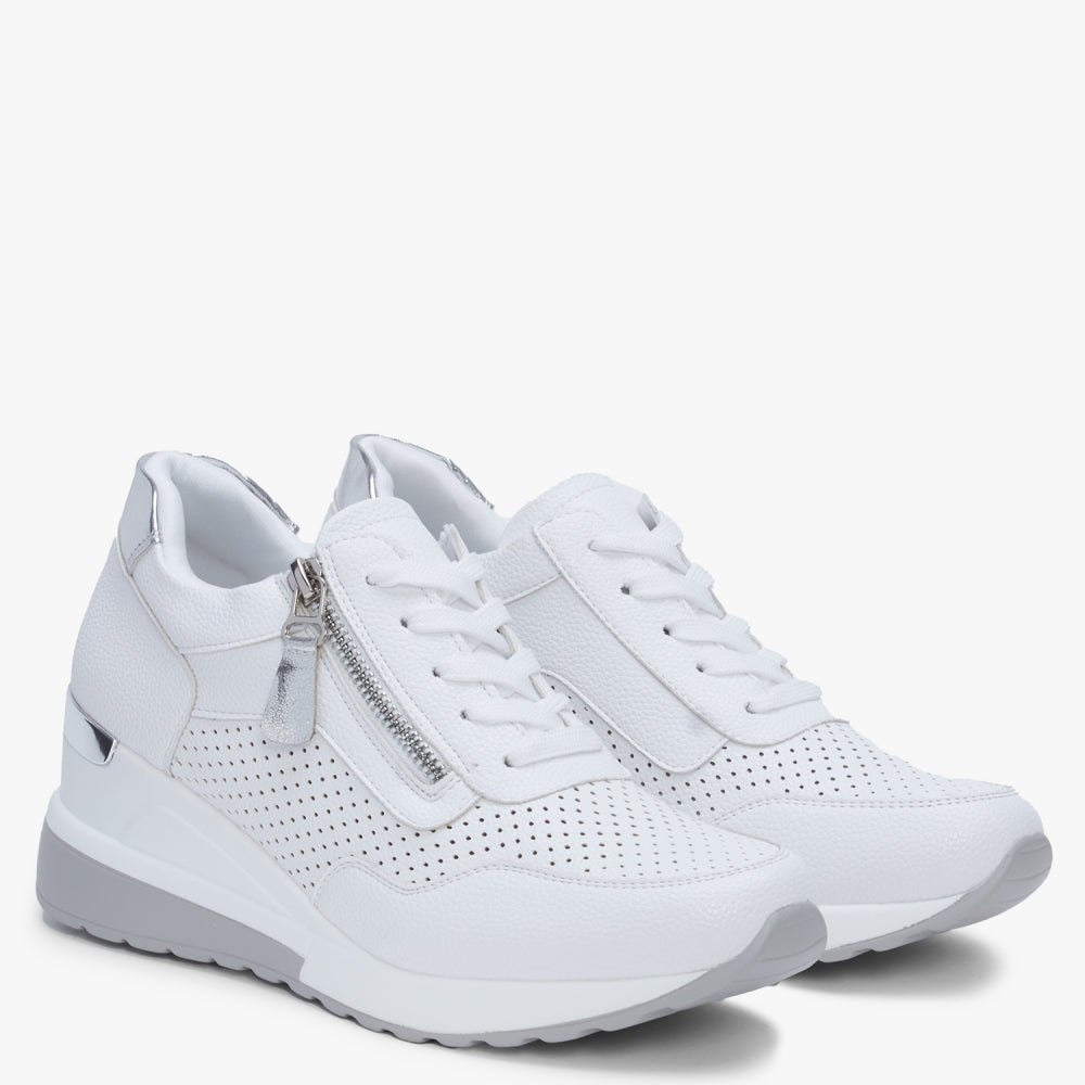 Bonnia White Perforated Wedge Trainers