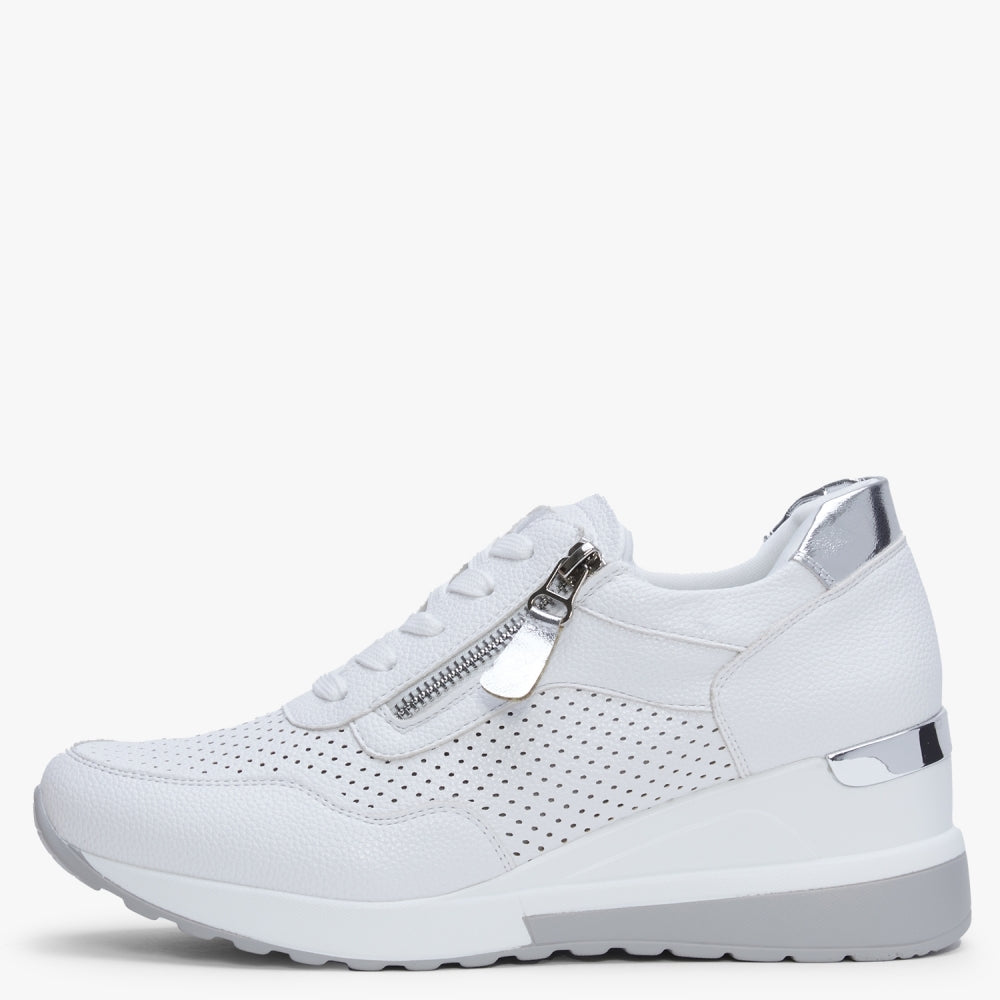 Bonnia White Perforated Wedge Trainers