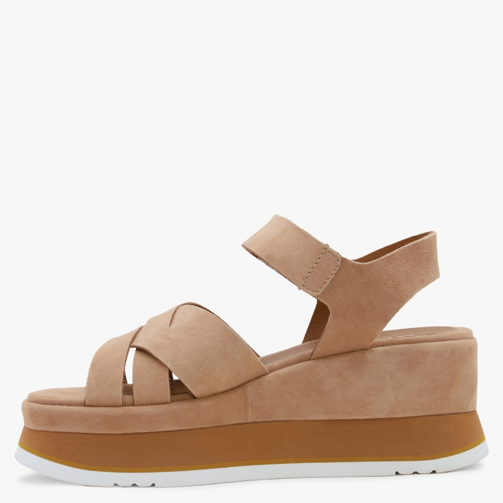 Atlanta Tan Suede Cross Strap Wedge Sandals