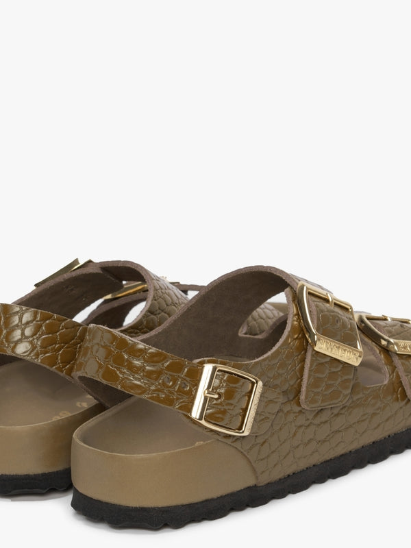 Milano Rivet Logo Emboss Mud Green Leather Sandals