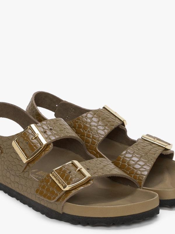 Milano Rivet Logo Emboss Mud Green Leather Sandals