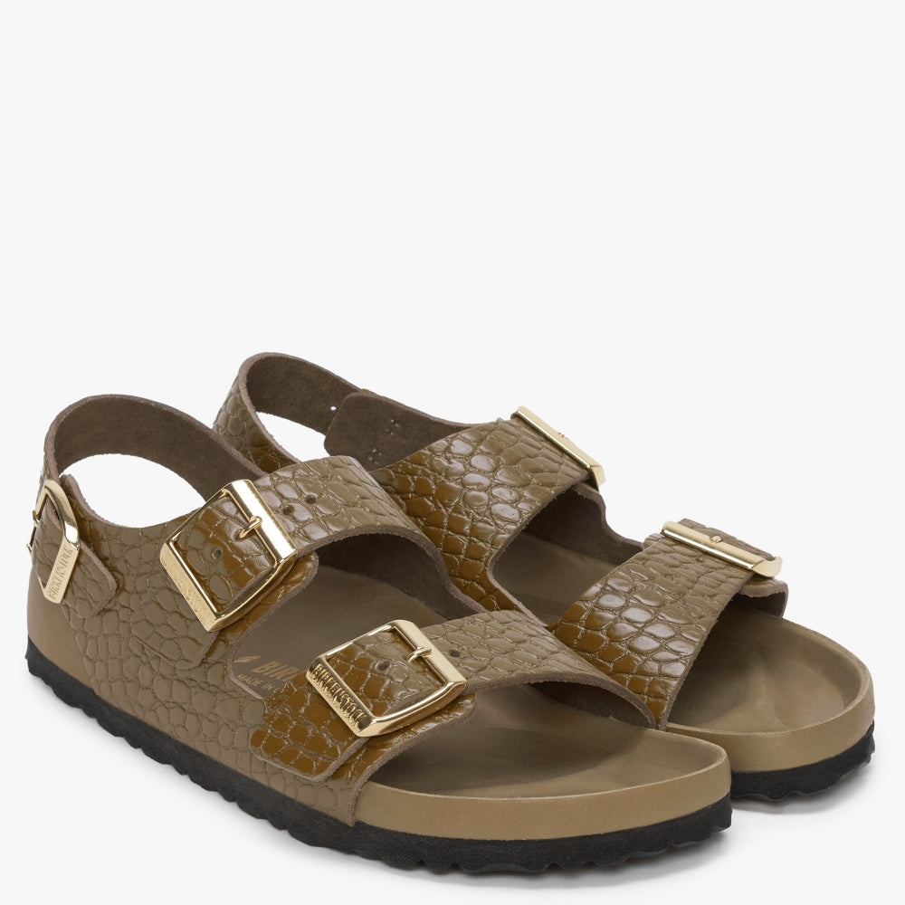 Milano Rivet Logo Emboss Mud Green Leather Sandals