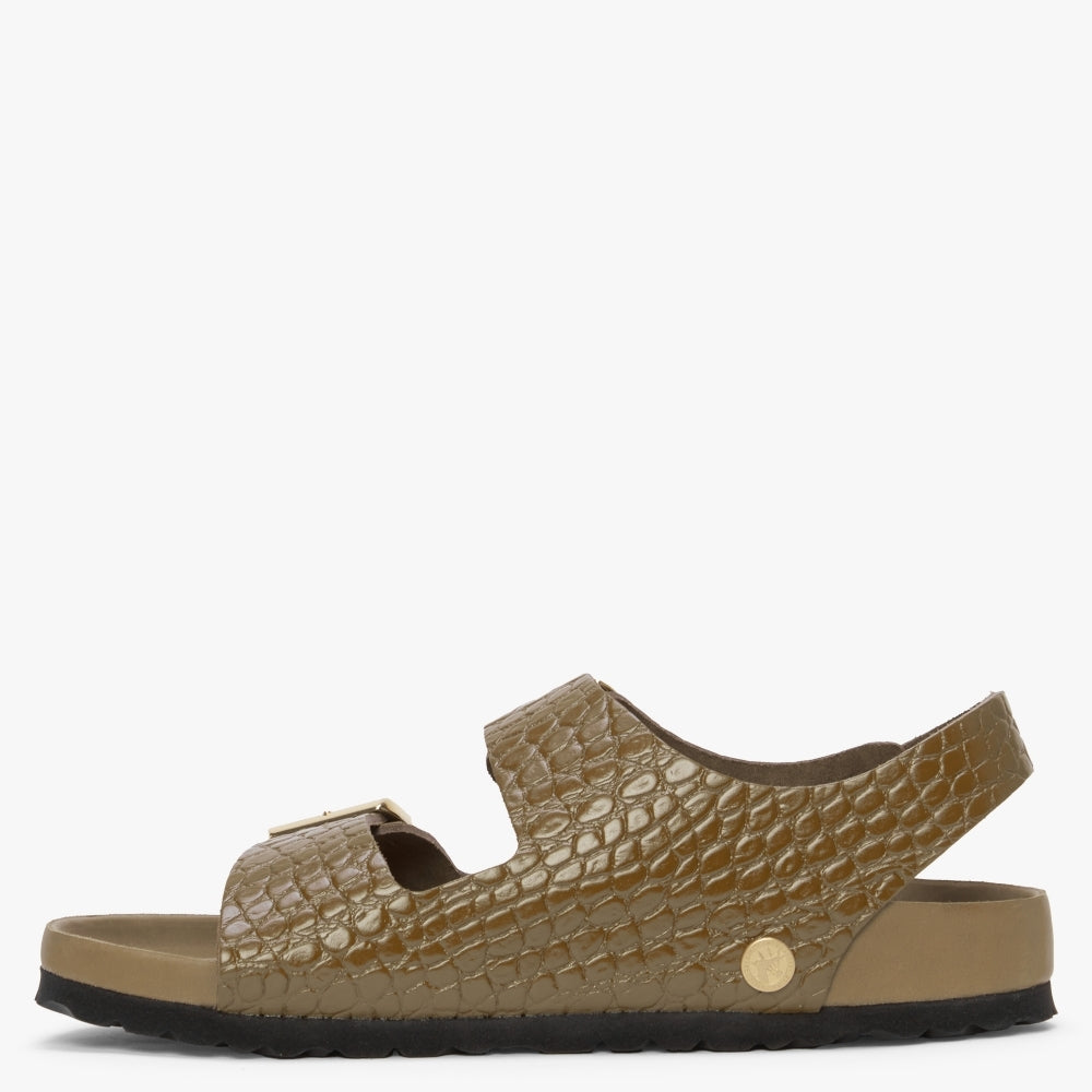 Milano Rivet Logo Emboss Mud Green Leather Sandals