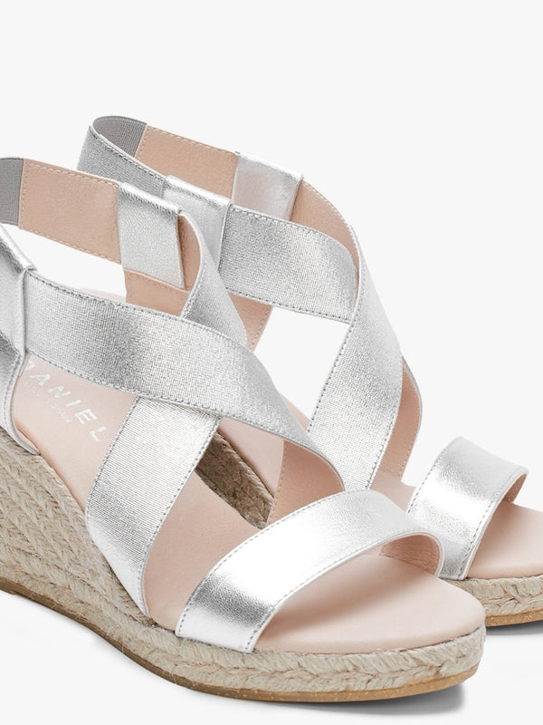 Kelly Silver Elastic Cross Strap Wedge Espadrilles