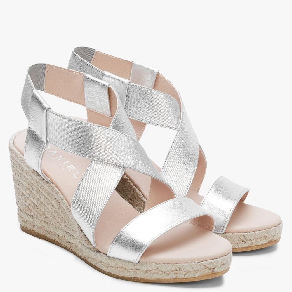 Kelly Silver Elastic Cross Strap Wedge Espadrilles