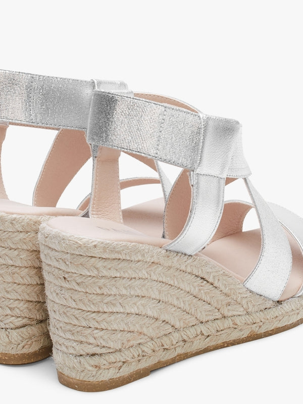 Kelly Silver Elastic Cross Strap Wedge Espadrilles