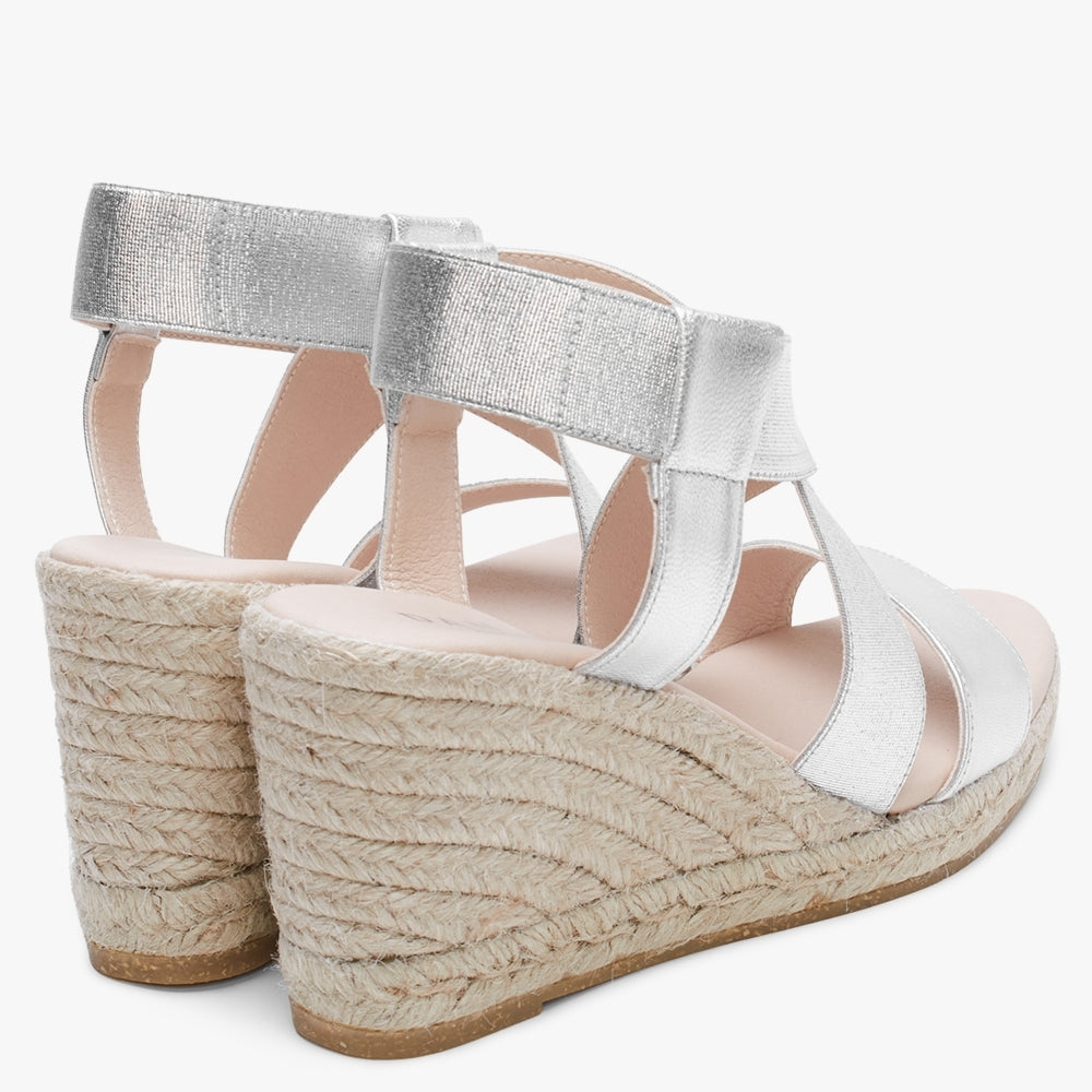 Kelly Silver Elastic Cross Strap Wedge Espadrilles