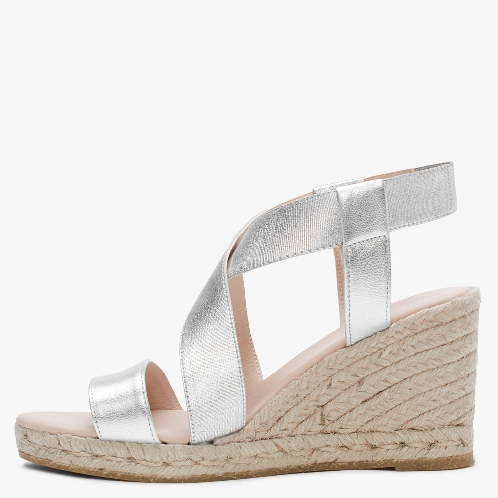 Kelly Silver Elastic Cross Strap Wedge Espadrilles
