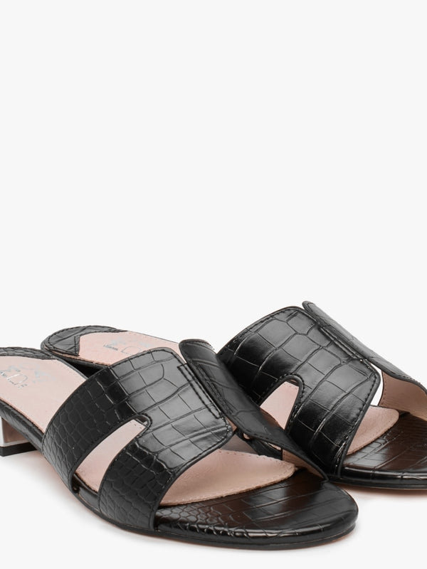 Olino Black Moc Croc Flat Mules