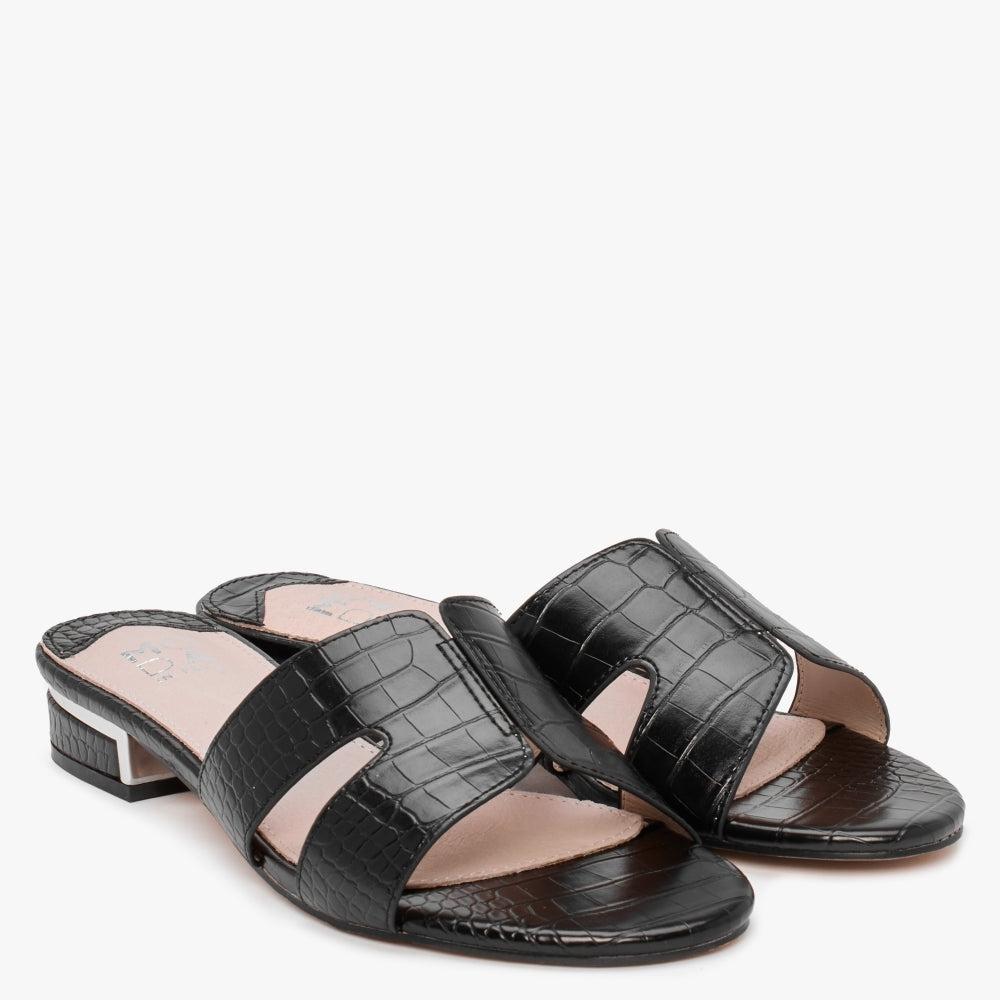 Olino Black Moc Croc Flat Mules
