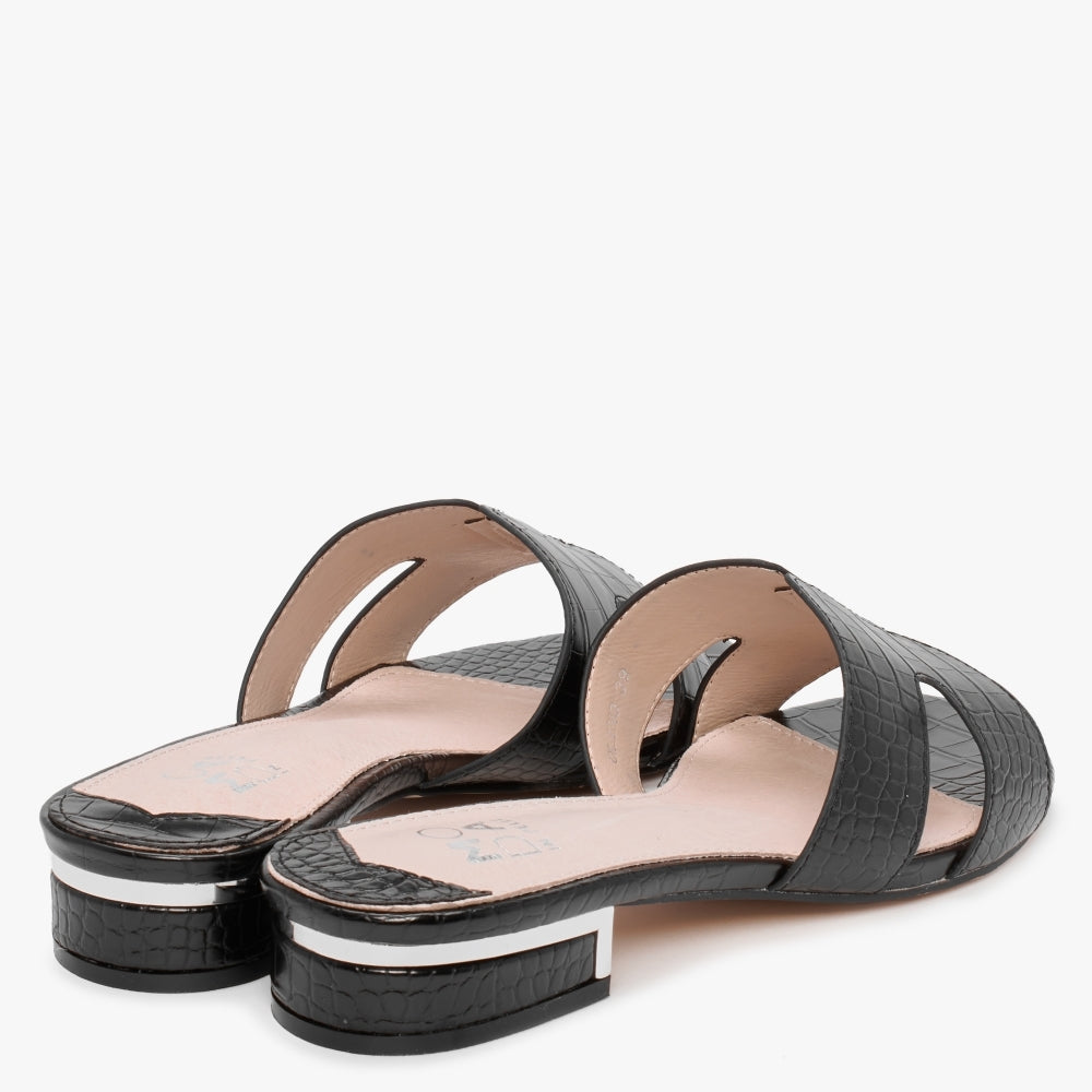 Olino Black Moc Croc Flat Mules