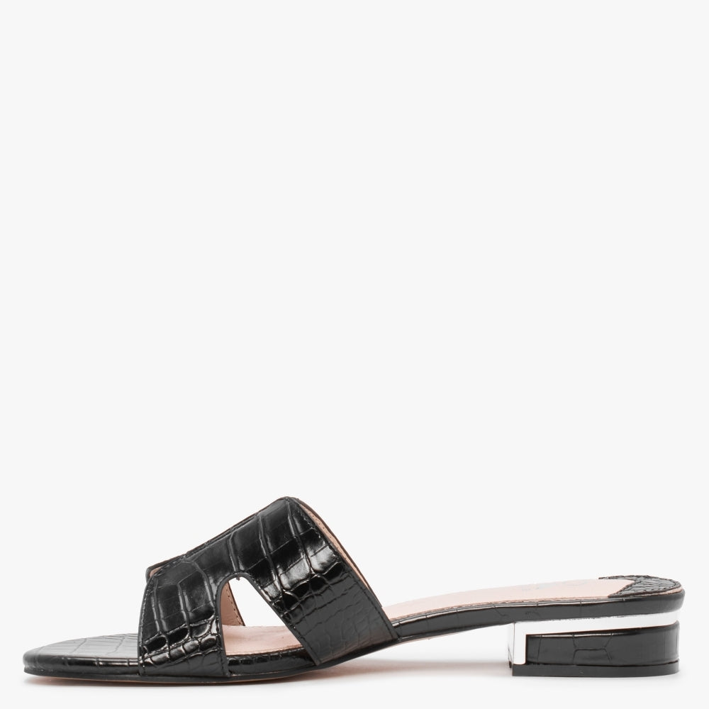 Olino Black Moc Croc Flat Mules