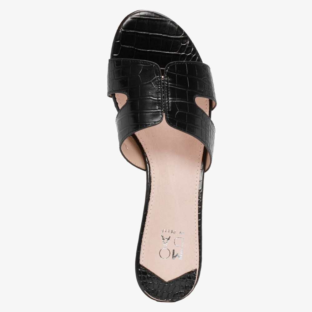 Olino Black Moc Croc Flat Mules