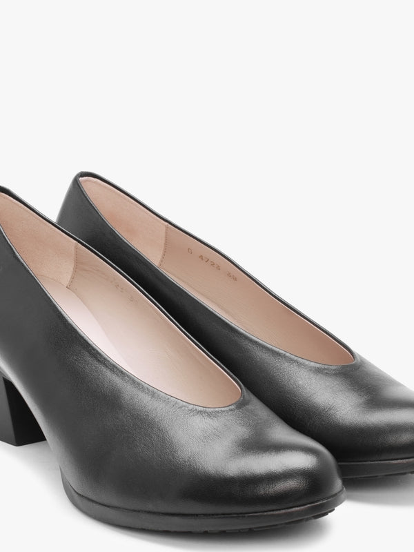 Treble Black Leather Block Heel Court Shoes