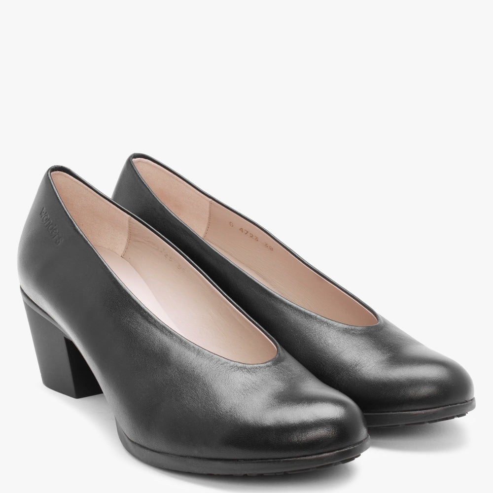 Treble Black Leather Block Heel Court Shoes