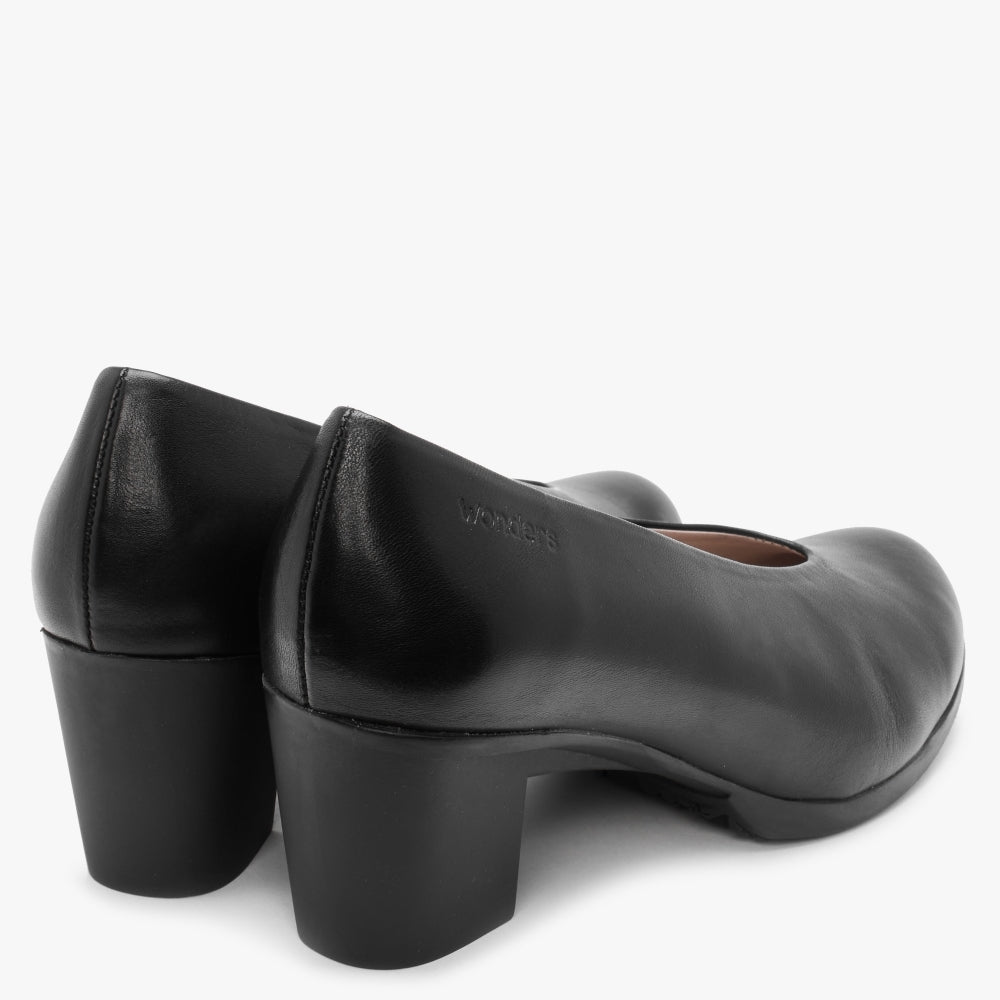 Treble Black Leather Block Heel Court Shoes
