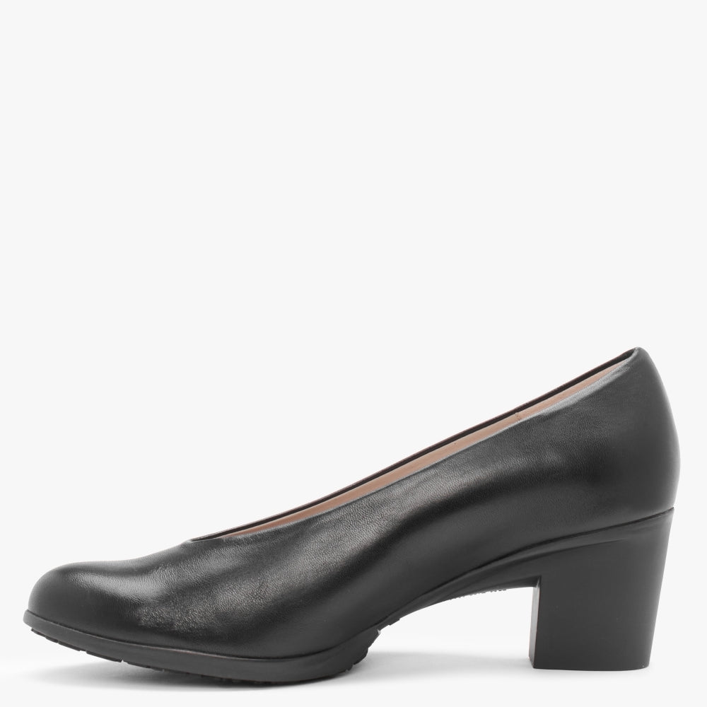 Treble Black Leather Block Heel Court Shoes
