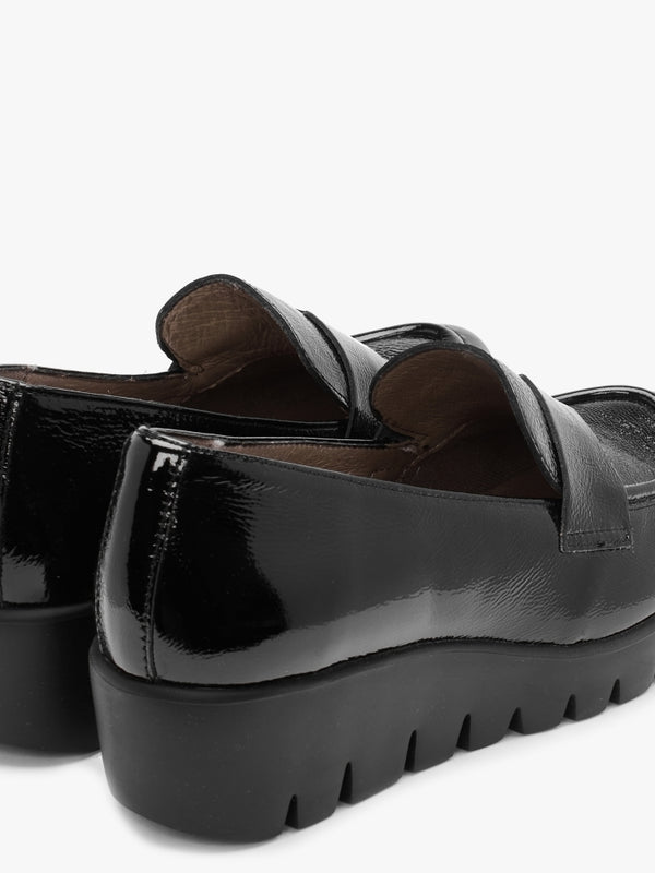 Tempo Black Patent Leather Low Wedge Loafers