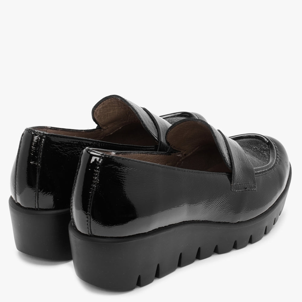 Tempo Black Patent Leather Low Wedge Loafers