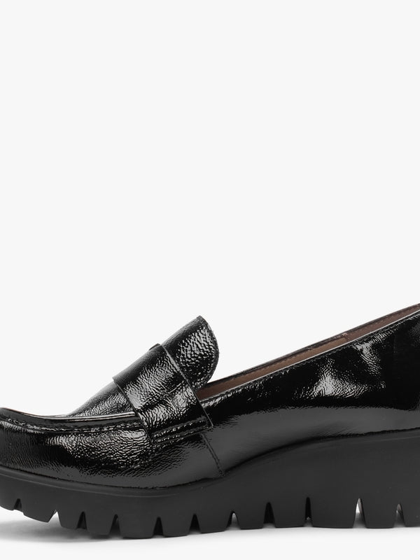 Tempo Black Patent Leather Low Wedge Loafers